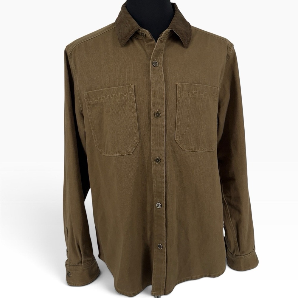 FRYE Men Large Canvas Shirt Jacket Corduroy Collar Brown Heavyweight Button Up L